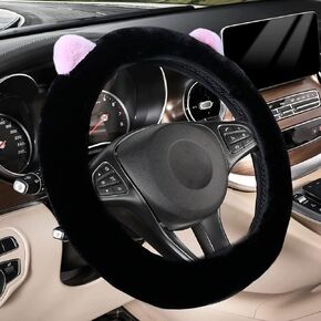 Cartoon Cute Fluffy Steering Wheel Cover for Women Girls,JXJKMMN Furry Ear Steering Wheel Cover Winter Warm Fuzzy Car Steering Wheel Cover Lovely Car Inside Decoration (Black)