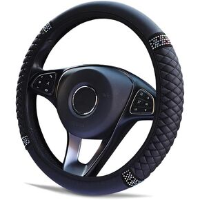 Microfiber Leather Steering Wheel Cover Universal 15 inch, with Bling Bling Crystal Rhinestones Elastic Car Steering Wheel Protector for Women Girls (Black)