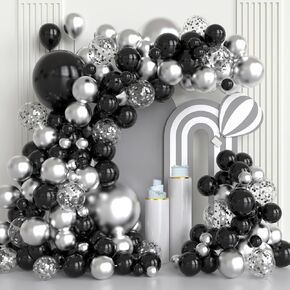 Black and Silver Balloon Garland Arch Kit, 102pcs Black Silver Confetti Latex Balloons for Birthday Bridal Shower Wedding Engagement Anniversary Graduation Theme Decorations