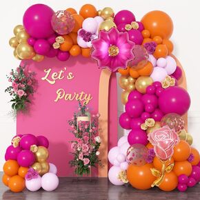 Ouddy Life 175Pcs Hot Pink and Orange Balloons Arch Garland Kit, Pink and Orange Party Decorations with Gold Balloons Foil Flowers for Women Wedding Bridal Tropical Bachelorette Birthday Decor