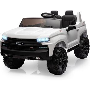 Jojoka Baby Car 24V 2-Seater Truck Licensed Chevrolet Silverado Ride On Toy w/Parent Remote Control,4xSpring Suspension, Wireless Music, Electric Vehicle Car for Kids Ages 3-8,White
