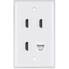 HDMI Wall Plate 3 Port,PHIZLI 1 Port Cat6 Ethernet HDMI 2.0 Decorative Wall Plate Female to Female for HDTV(White)
