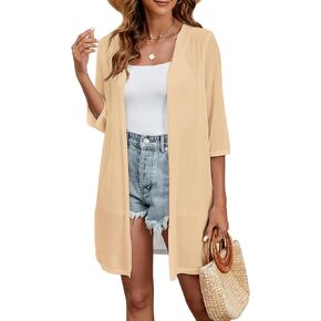 Totatuit Women 3/4 Sleeve Open Front Cardigan Sheer Kimono Swimsuit Coverups Duster