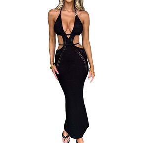 Womens Halter Crochet Dress Summer Sleeveless Backless V Neck Hollow Out Maxi Dress Beach Vacation Dress