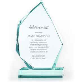 Baudville Engraved Jade Glass Trophy - Award for Employees - Peak Shaped with Chiseled Details and Rectangular Base - Personalized Engraving - Comes in Gift Box