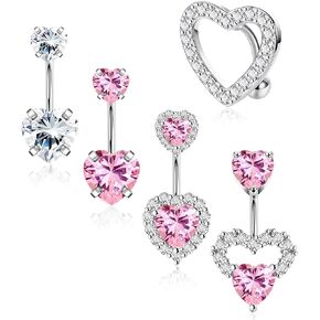 NICEIGHT 5Pcs 14G Surgical Steel Pink Heart Belly Button Rings for Women Girls Cute Belly Rings CZ Navel Ring Heart Belly Piercing Jewelry