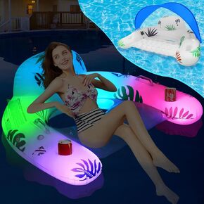 LanAqua Pool Float مع مظلة، كرسي حمام سباحة قابل للنفخ بالطاقة الشمسية يطفو على الماء مع أضواء، كرسي حمام سباحة عائم مع مسند للرأس وحامل أكواب، كرسي مائي يطفو على الشاطئ للبالغين