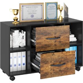 sogesfurniture Mobile Lateral Filing Cabinet with 2 Drawers,Lateral Office Cabinet Printer Stand, Multifunctional Storage Cabinet with Open Shelves and Castors for Home & Office (Brown)