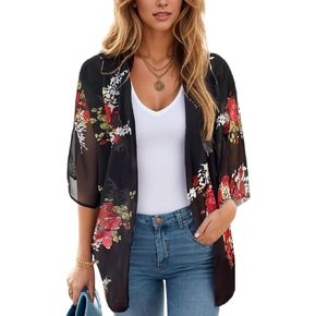 Women's Floral Print Puff Sleeve Kimono Cardigan Loose Cover Up Casual Blouse Tops