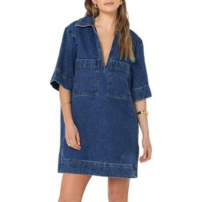 Fisoew Womens Denim Shirt Dress Summer Collared V Neck Mini Casual Jean Dresses with Pockets