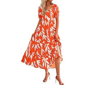 BTFBM Women's Boho Summer Dresses Short Sleeve Floral Print Smocked Tie Back Tiered A-Line Flowy Cruise Vacation Dress
