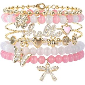 Pink Beaded Bracelet for Women 6Pcs Stackable Opal Stone Stretch Bracelets Sweet Multilayered Gold Charm Bracelets Set Love Heart Flower Clover CZ Butterfly Bow Hello Charm Jewelry Gift for Teen Girls