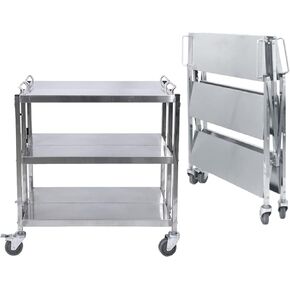 3 Shelf Stainless Steel Folding Utility Cart, Collapsible Serving Cart with Wheels, 300lbs Commercial Kitchen Trolley Cart for Restaurant Hotels 25"L x 15.8"W x 37.8"H
