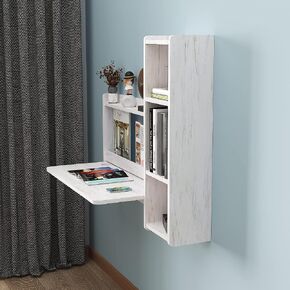 Pmnianhua Floating Desk,41'' Wall Mounted Desk Fold Down Laptop Desk Folding Space Saving Table Workstation with Storage Shelves for Bedroom Study Room Small Space (Off White-Right) in Saudi Arabia