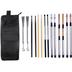 TUOREN Drum Sticks Set with Bag Includes 7 Pair Drum Stick Brush Kit Retractable Drum Wire Brushes, 5A Drum Sticks, Rod Drum Brushes Nylon Bristle Sticks for Jazz Folk Rock Band Music Lover