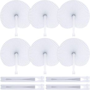 ZWIN 48 Pcs Heart Shaped Paper Fans for Wedding Pocket Folding Paper Fans with Plastic Handle White Blank Fans for Guest Celebration Party Decoration