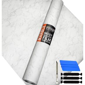 VViViD Self-Adhesive Marble Vinyl 48 Inch x 50 Foot Full Kitchen Wrap Bulk Roll Including Free Toolkit (Matte Slanted Carrara)