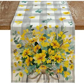 ARKENY Summer Table Runner 13x72 Inches, Yellow Flower Bee Eucalyptus Spring Seasonal Farmhouse Gray Buffalo Plaid Burlap Indoor Kitchen Anniversary Dining Table Decor for Home Party AT602-72