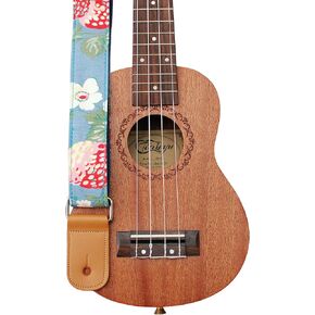 MUSIC FIRST Original Design “Strawberry Flowers" Vintage style Soft Canvas & Genuine Leather Ukulele Strap Ukulele Shoulder Strap