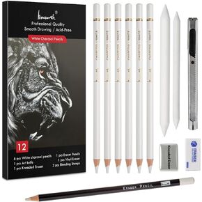 White Charcoal Pencils Set - 12 Piece Sketch Highlight White Pencils Set for Drawing, Sketching, Shading, Blending, Artist Pencils for Artists, Professionals or Beginners