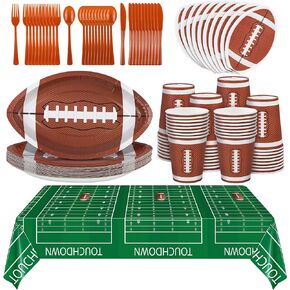 ADXCO 145 Pieces Football Themed Party Supplies Football Paper Plates Cups Napkins Spoons Forks Knives Tablecloth Football Party Tableware for Game Day Party Decorations, Serves 24 Guests