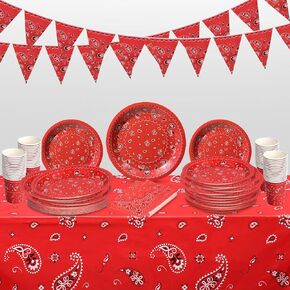 123 Pcs Western Cowboy Party Decoration Include 1 Plastic Paisley Print Tablecloth 2 Bandana Pennant Banner 60 Disposable Paper Plates 30 Cups and 30 Napkins for Western Cowboy Theme Party (Blue)
