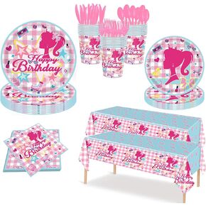 170pcs Pink Girl Party Supplies Tableware, Towel Paper, Dinner Plates, Cups, Tablecloths, Forks, Spoons, Knives for 24 Guests. in Saudi Arabia