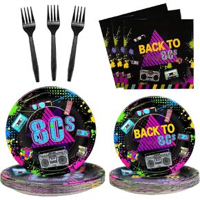 80s Party Decorations Tableware - 80s Decorations Paper Plates And Napkins Party Supplies, Dinner Plate, Dessert Plate, Napkin, Fork, 80's Theme Birthday Table Decorations | 24 Guests