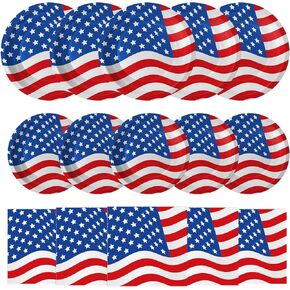 4th of July Plates and Napkins Sets - Patriotic American Flag Party Supplies Tableware, July 4th Disposable Paper Plates Napkins Set for Memorial Day, Independence Day Decorations Table Decor,Serve 50