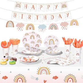 145 Pcs Rainbow Birthday Party Supplies Include Rainbow Plates Tablecloth Cups Napkins Knives Forks Spoons Happy Birthday Banner for Girls, Rainbow Party Decoration 20 Guests