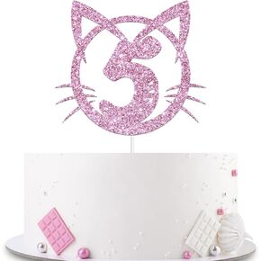 YHEZXUN Cat 5 كعكة توبر، خمسة زخرفة كعكة عيد ميلاد، الحيوانات الأليفة القط كيتي موضوع خمس سنوات كعكة توبر الوردي بريق لطيف لوازم الحفلات