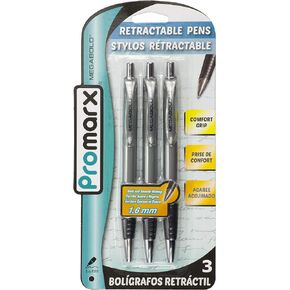 Promarx Megabold Retractable Ballpoint Pens with Comfort Grip, 1.6 mm, Black, 3 Count