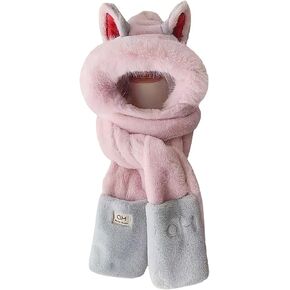 Anopo Hooded Scarf for Women Winter Warm Faux Fur Scarf Hat Gloves Combo with Cute Fox Ear