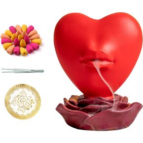 Heart Rose Backflow Incense Burner with 60 Incense Cones, Cute Incense Holder Lips, Hand-Made Waterfall Incense Burner, Preppy Stuff, Pink Stuff, Kawaii Room Decor(Pink)