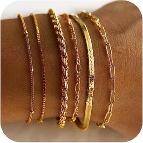 DEARMAY Dainty Silver Chain Bracelets for Women Trendy, Waterproof Sterling Silver/Gold Jewelry Sets Fashion Stackable Beaded Figaro Herringbone Paperclip Chain Bracelet Pack Stack Gifts for Womens