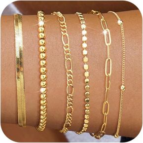 DEARMAY أساور سلسلة فضية أنيقة للنساء العصرية، مجموعات مجوهرات من الفضة الإسترليني/الذهب مقاومة للماء، قابلة للتكديس مطرزة بالخرز فيجارو متعرجة، سلسلة سوار حزمة هدايا للنساء in Kuwait