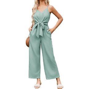JASAMBAC Women Jumpsuits Dressy Casual Sleeveless Spaghetti Strap Loose Rompers Wide Leg Linen Summer Outfits with Pockets