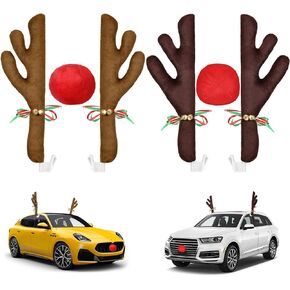 ovsor 2 Sets Christmas Antlers - Reindeer & Nose for Christmas Car Decorations, 6 in 1 Rudolph Set Reindeer Ornament Costume Auto Accessories for Any Vehicle Decor (Brown, Black-Brown)