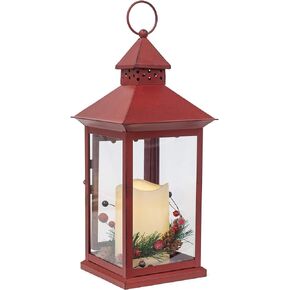 Red Holly Berry and Pine Look Distressed 13.5 Inch Metal Decorative Hanging Lantern