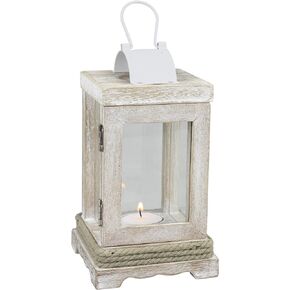 Stonebriar Coastal Worn White Wooden Tea Light Candle Lantern with Nautical Rope Detail and Metal Handle, 8 Inches