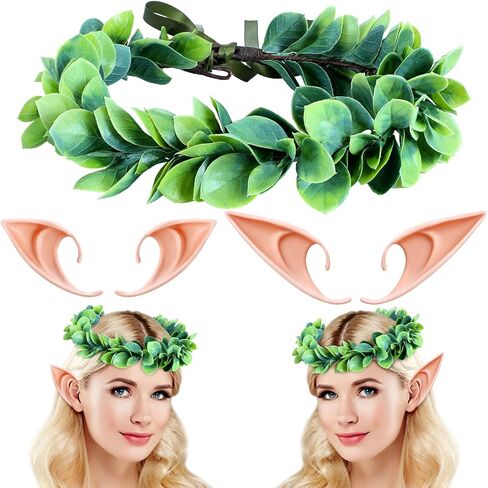 Yinder Halloween Green Leaf Wedding Tiara Fairy Pixie Elf Ears Kit 1 Pcs Bridal Elf Floral Crown Headband 2 Pairs Latex Fairy Ears for Women Girls Halloween Costume Cosplay Party Accessories in Saudi Arabia