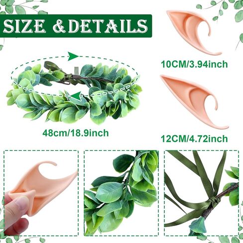 Yinder Halloween Green Leaf Wedding Tiara Fairy Pixie Elf Ears Kit 1 Pcs Bridal Elf Floral Crown Headband 2 Pairs Latex Fairy Ears for Women Girls Halloween Costume Cosplay Party Accessories in Saudi Arabia