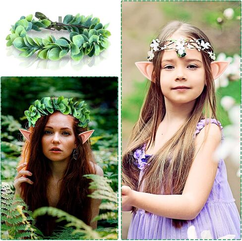 Yinder Halloween Green Leaf Wedding Tiara Fairy Pixie Elf Ears Kit 1 Pcs Bridal Elf Floral Crown Headband 2 Pairs Latex Fairy Ears for Women Girls Halloween Costume Cosplay Party Accessories in Saudi Arabia