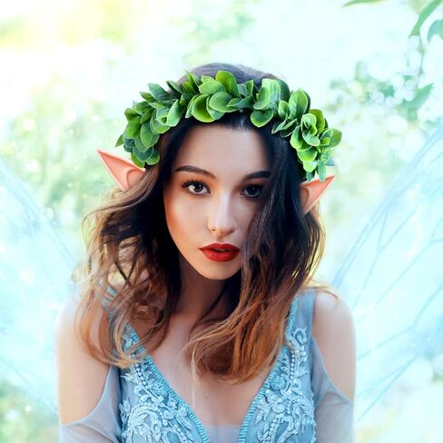 Yinder Halloween Green Leaf Wedding Tiara Fairy Pixie Elf Ears Kit 1 Pcs Bridal Elf Floral Crown Headband 2 Pairs Latex Fairy Ears for Women Girls Halloween Costume Cosplay Party Accessories in Saudi Arabia