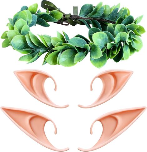 Yinder Halloween Green Leaf Wedding Tiara Fairy Pixie Elf Ears Kit 1 Pcs Bridal Elf Floral Crown Headband 2 Pairs Latex Fairy Ears for Women Girls Halloween Costume Cosplay Party Accessories in Saudi Arabia