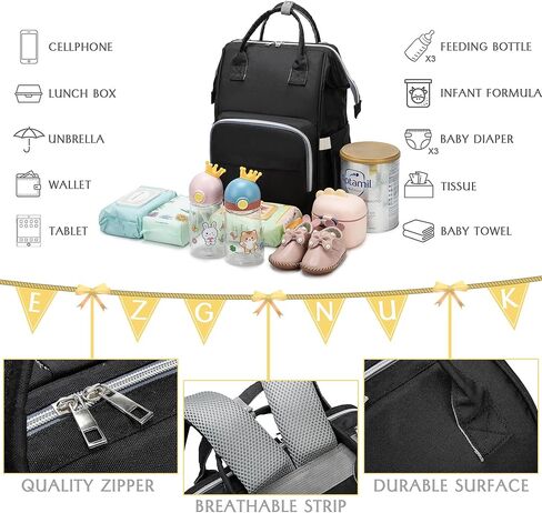 حقيبة ظهر للحفاضات من Ezgnuk، مناسبة للأم متعددة الوظائف، حقيبة سفر ترفيهية مقاومة للماء ومتينة ذات سعة كبيرة (أسود) in Kuwait