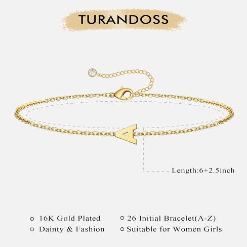 Turandoss الذهب الأساور الأولية للنساء الفتيات الهدايا - 16K الذهب مطلي رسالة الأولي سوار الذهب لذيذ أساور للنساء الأساور الأولية للنساء في سن المراهقة فتاة الهدايا المجوهرات العصرية in Kuwait