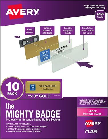 The Mighty Badge by Avery, 1" x 3" Gold Name Tags, 10 ID Badges, 80 Inserts for Laser Printers (71204) in Saudi Arabia