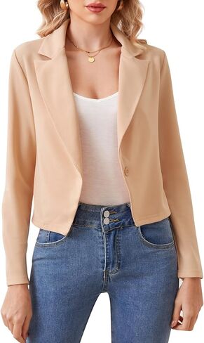 Women's Button Cardigan Cropped Blazer Business Casual Jacket with Lapel Neck Long Sleeve Angled Hem in Kuwait