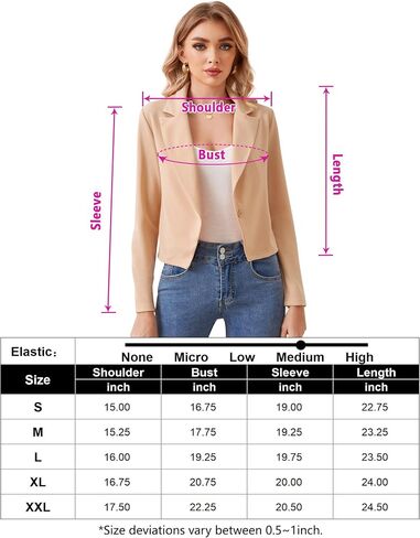 Women's Button Cardigan Cropped Blazer Business Casual Jacket with Lapel Neck Long Sleeve Angled Hem in Kuwait